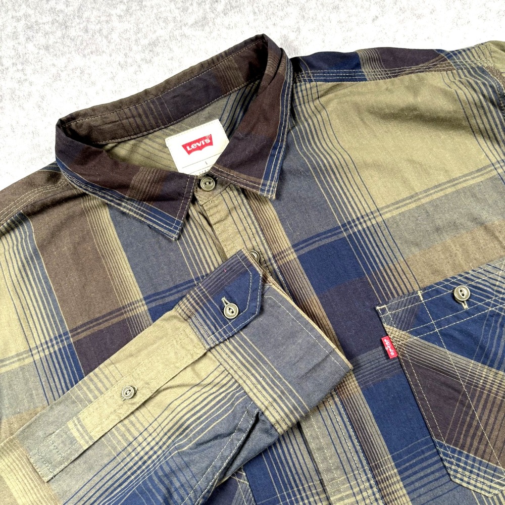 Levi's Men's Large Plaid Button Up Shirt Olive Green Navy Blue Cotton Blend